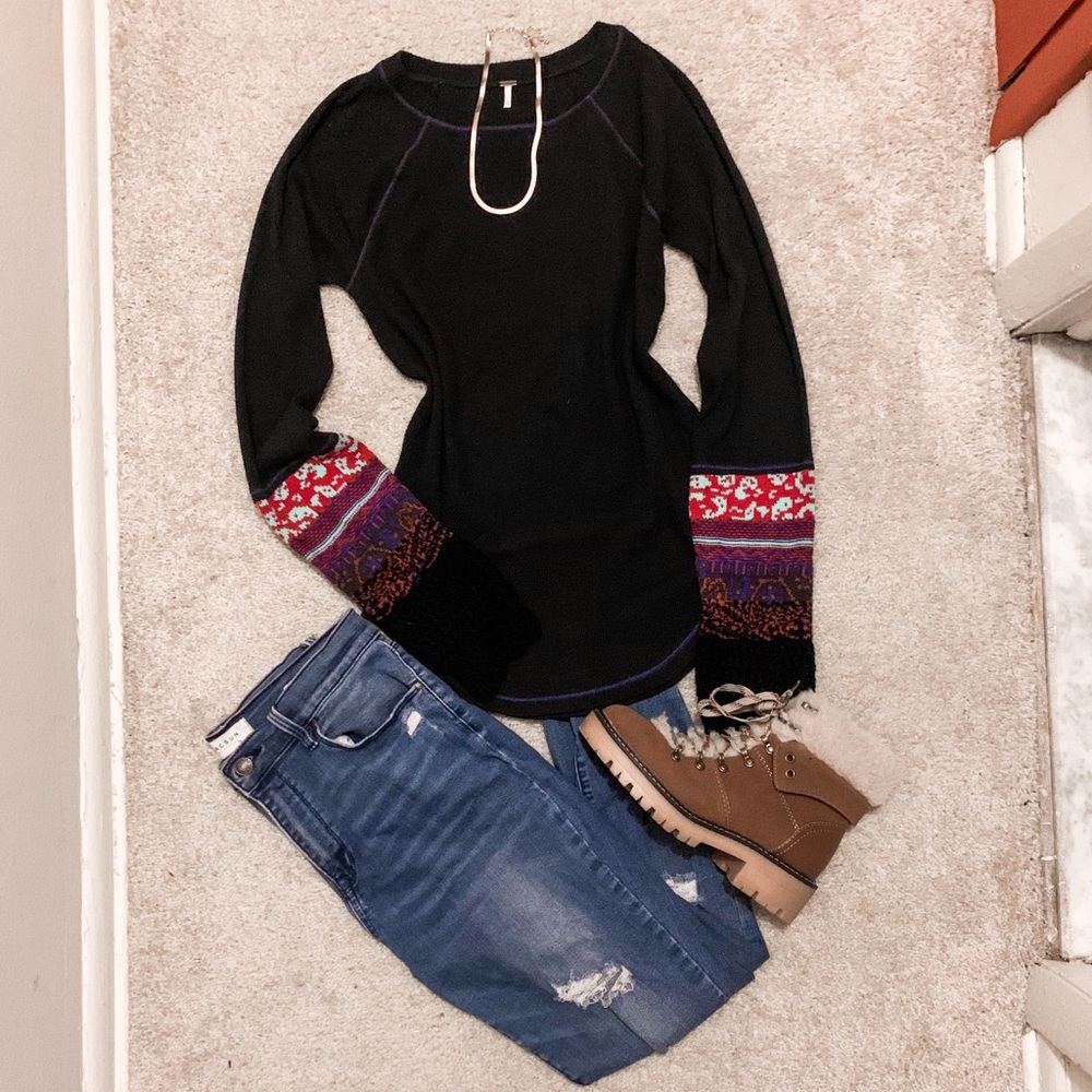 Free People Navy & Royal Blue Trim Waffle Long Sleeve w Embroidered Knit Sleeves